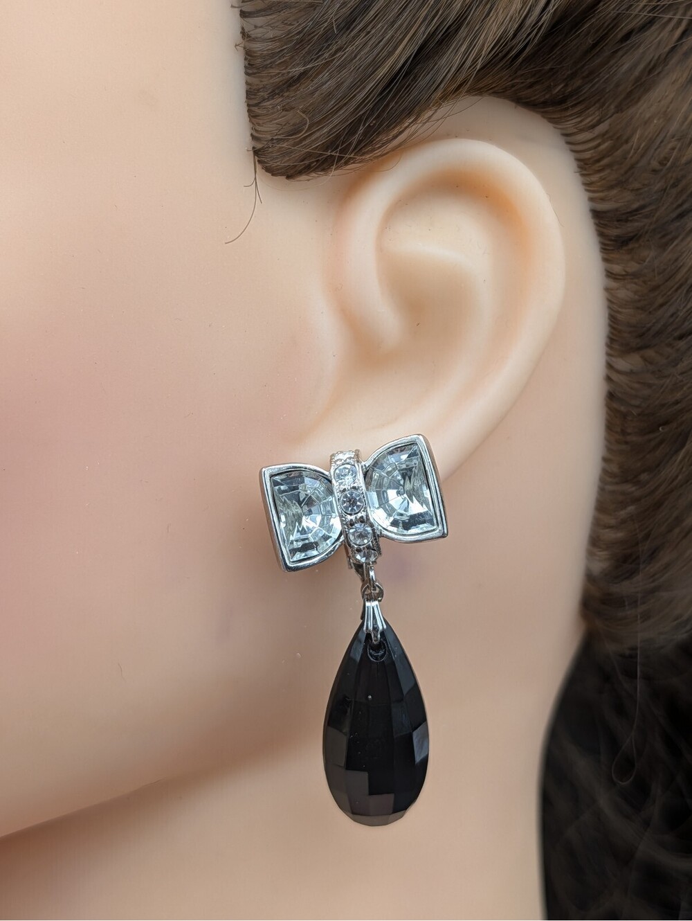 Vintage Signed Avon Black Clear Rhinestones Dangle Earrings Teardrop Bow Tie